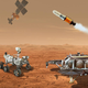 Imagen conceptual del equipo que se utilizará para la Mars Sample Return Mission (misión de regreso de muestras de Marte): un helicóptero de clase Ingenuity (mira sus adorables ruedas), el rover Perseverance, el Earth Return Orbiter, el Sample Retrieval Lander y el vehículo de ascenso.